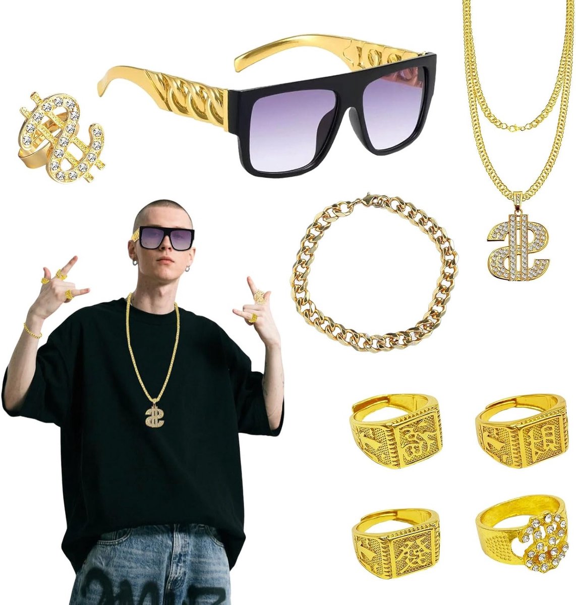 Hiphop kostuumaccessoires voor 80 en 90's stijl, inclusief disco en feestdecoraties voor rappers en hippies