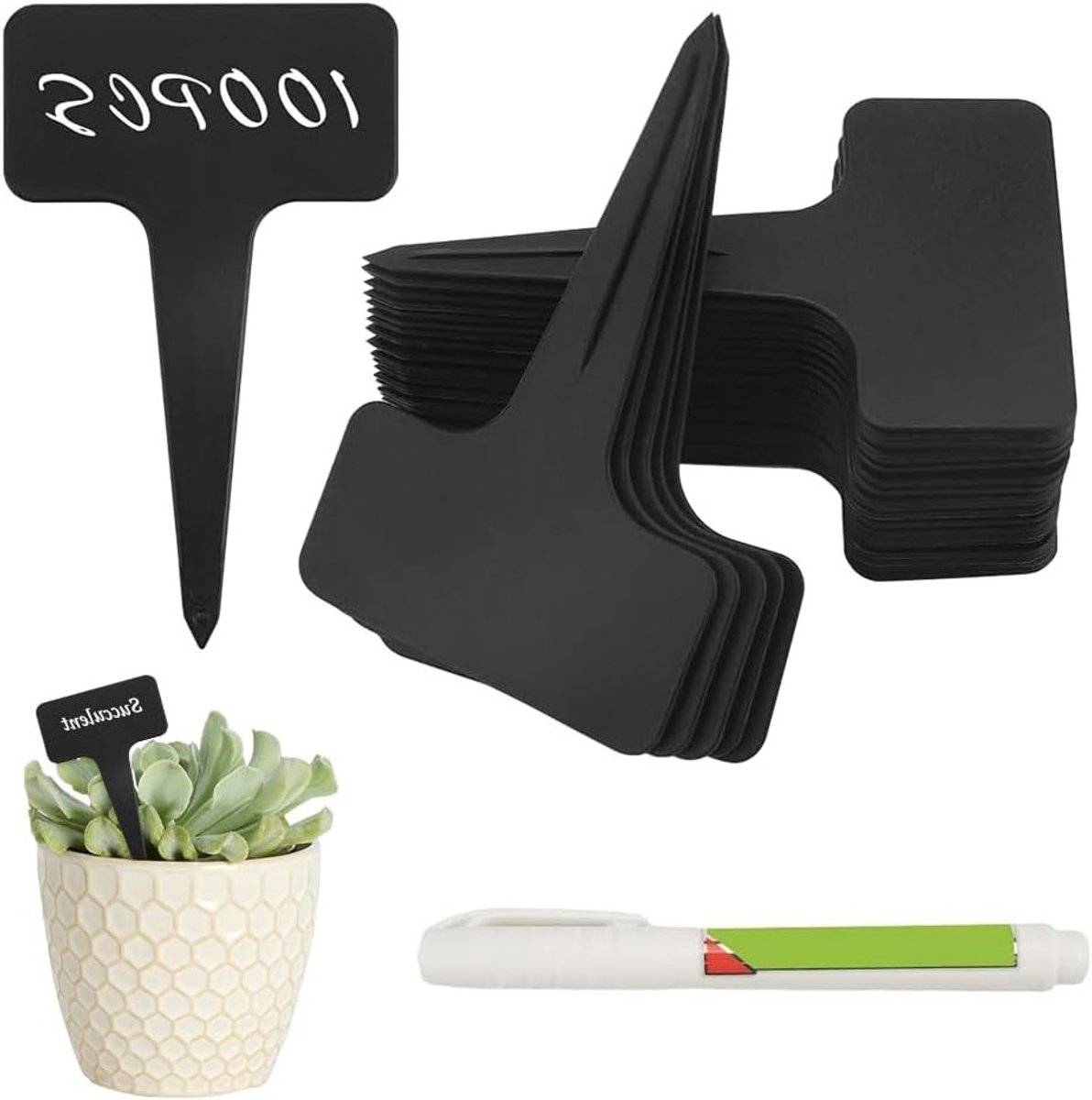 Set van 100 T-Type Plantenlabels van 6 x 10 cm met Watervaste Stift voor Tuin, Kruiden en Bloemen