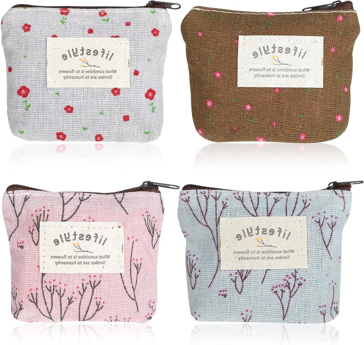Set van 4 Mini Handtassen voor Kinderen - Canvas, Draagbare Cosmetica Tas, Kleine Zakken met Rits in Beige, Lichtroze, Lichtblauw en Donkerbruin