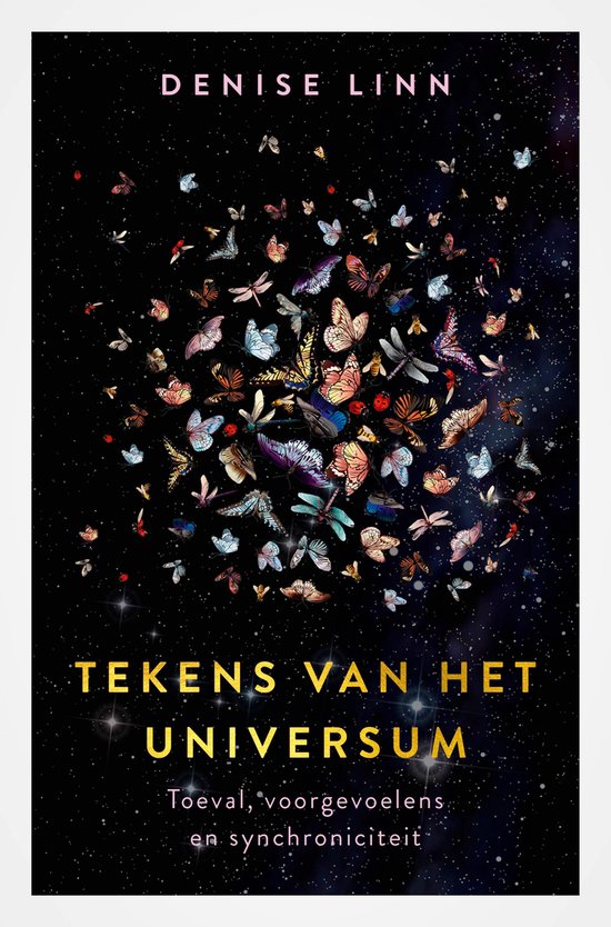Boekomslag met de titel 'Tekens van het universum' van Denise Linn, vol met vlinders, libellen en lieveheersbeestjes in een sterrenhemel.