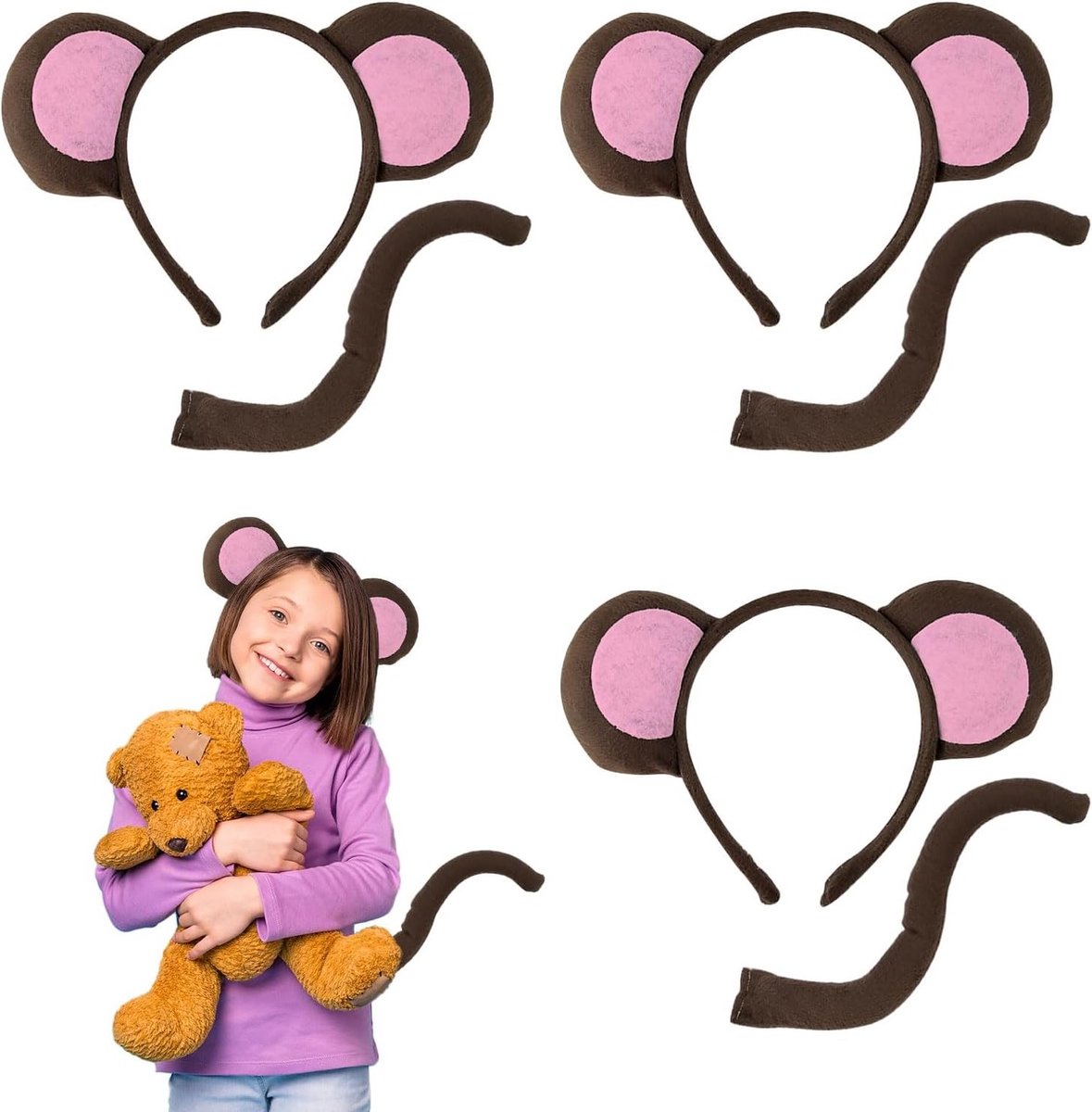 6-delige Aap Kostuum Set met Oren en Staart voor Volwassenen en Kinderen, Perfect voor Halloween, Theater, Carnaval en Cosplay Feesten (Roze)