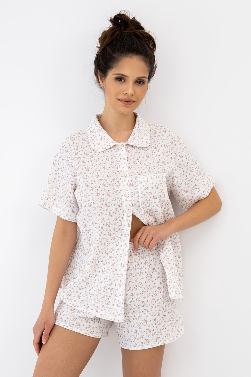 S& Sensis Sensis Katoenen Shortama Pyjama Dames Mousseline Knoopsluiting Bloemenprint Ecru NAYLA 36 /