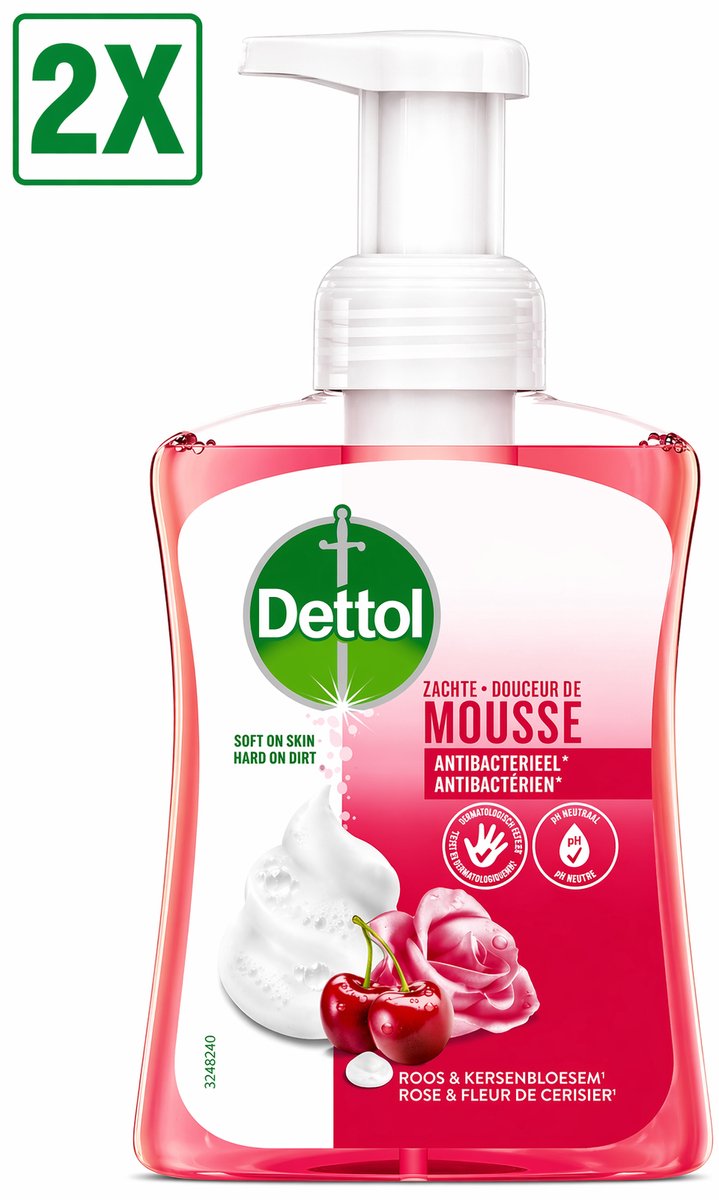 2 x Dettol Handzeep Zachte Mousse - Antibacterieel - Roos & Kersenbloesem - 250 ml