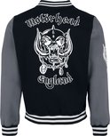 Zwart met grijze collegejas, de achterkant toont "Motorhead", een Warpig schedel met kettingen en "England" in witte borduursels.