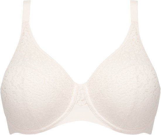 Soutien-gorge à armatures crème en tissu de dentelle, sur fond blanc.