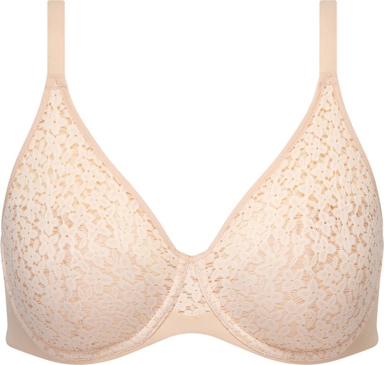 Een beugelbeha in de kleur beige met kanten cups en verstelbare bandjes.