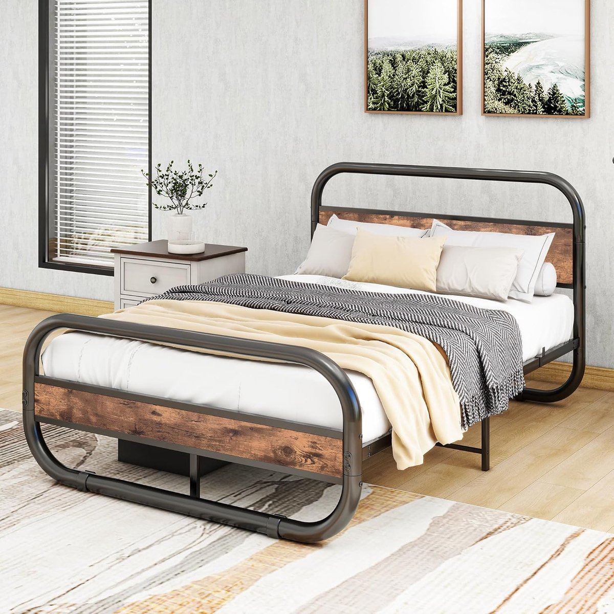 Vintage Metalen en Houten Bedframe 120 x 200 cm met Lattenbodem, Ovaal Platformbed met Hoofdbord en Onderbed Opbergruimte – Stevig, Geluidsarm en Onderhoudsvriendelijk