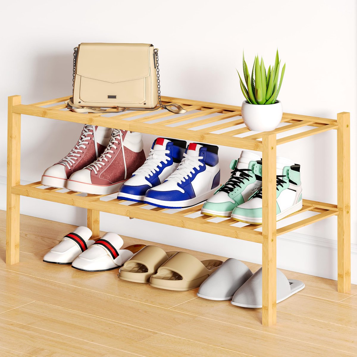 Homaxy Schoenenrek (2 niveaus) - Bamboe Schoenenrek - Houten Schoenenkast -Schoenenrek hout - 68x28x33cm - Houtkleur
