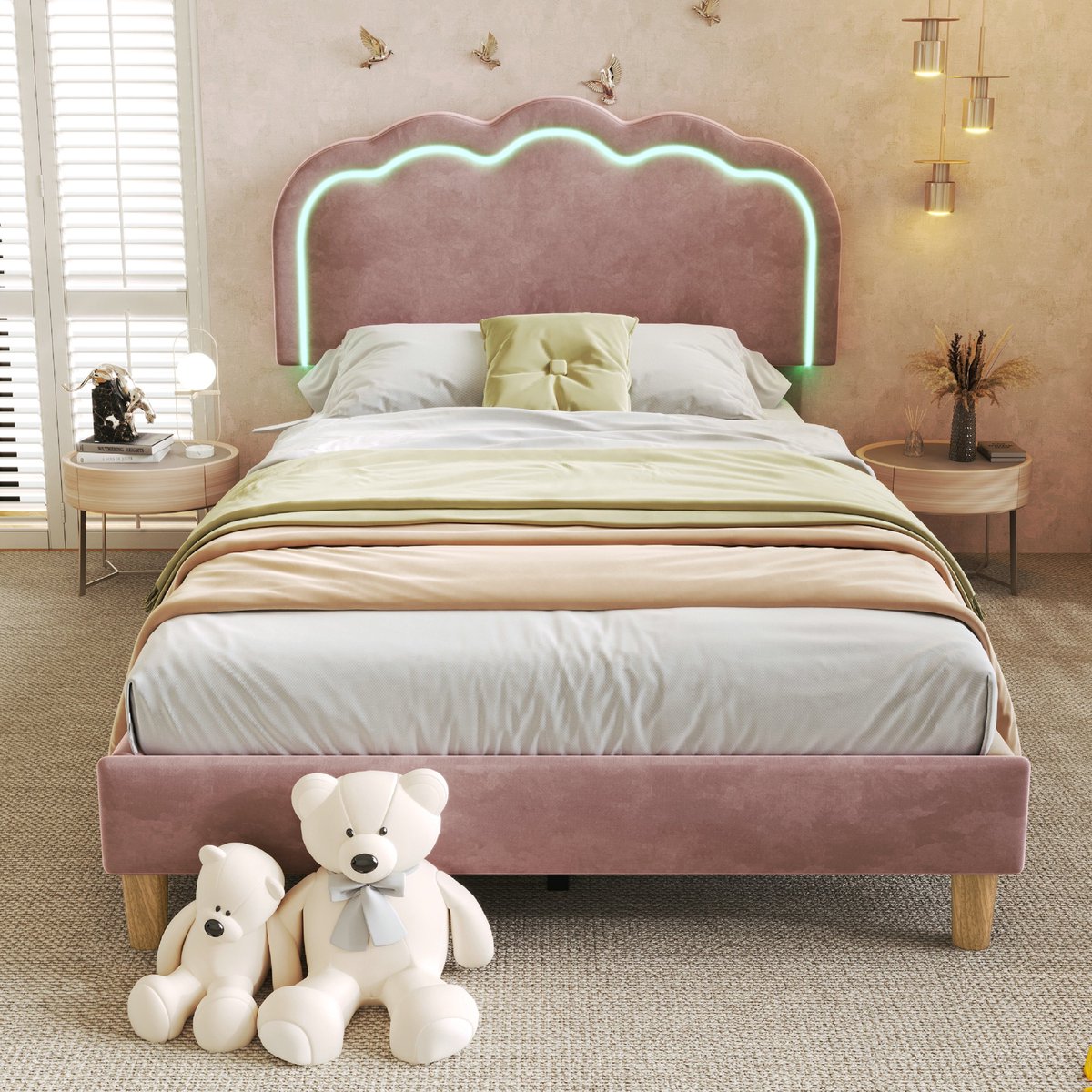 VVBV Eenpersoonsbed 90x200 / Gestoffeerd bed – Hoofdbord – Tienerbed – Fluweel – Roze – Tienerbed 90x200 – met LED-Verlichting, Lattenbodem