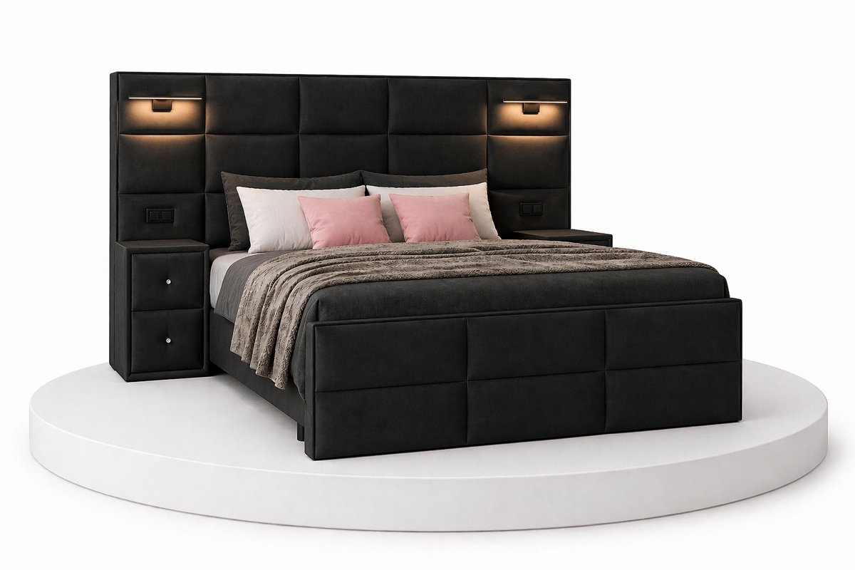 Boxspring Veloura - 160x200 Compleet - Met nachtkastjes - Zwart - Ledjes & Stopcontacten - BalBedden