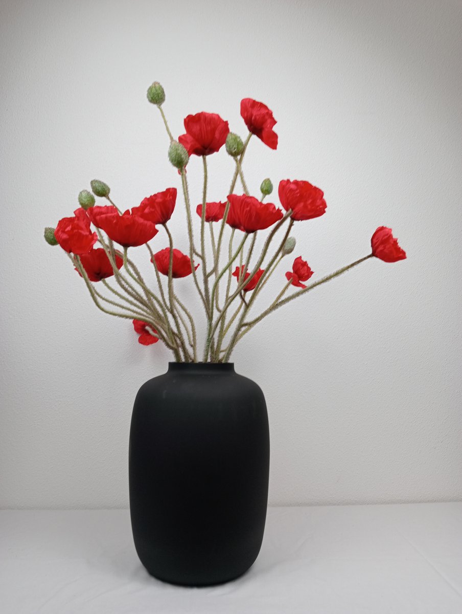 Kunstbloemen met vaas – Luxe klaprozen boeket rood 72 cm – Vase The World ‘Artic’ Ø25 x H35 cm mat zwart – Realistisch zijden bloemen – Woonyard