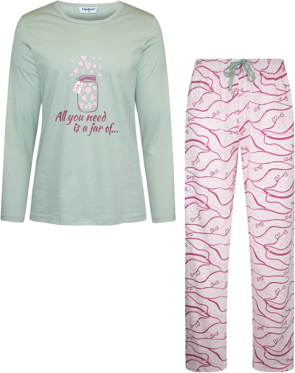 GAUBERT ® Essential Dames Pyjama Lange Mouw - Broek met Zakken - Premium Gekamd Katoen - All you need is a jar of - Mintgroen - GB-2808 Lange Mouw Pyjama, Mintgroen, All you need is a jar of