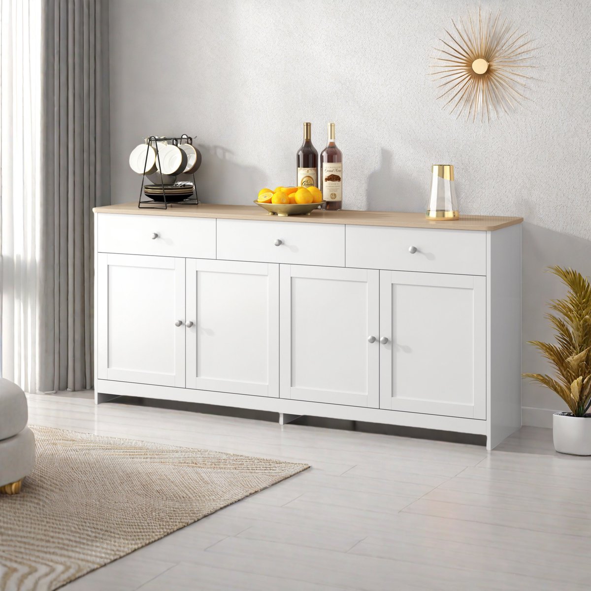 Houten dressoir met 4 deuren, moderne keukenkast, ladekast, buffetkast, voor eetkamer, woonkamer (verzonden in 2 pakketten)
