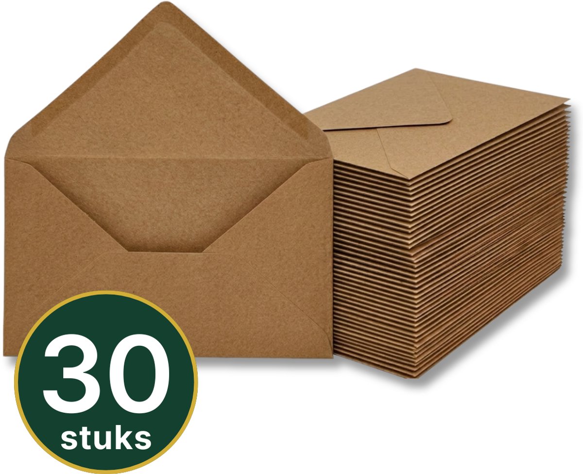 30x Bruine Kraft Enveloppen C6 (A6 Formaat) – 114x162 mm - Extra Stevig 120 grams Papier - Voor Wenskaarten & Uitnodigingen - 100% Gerecycled - ECO