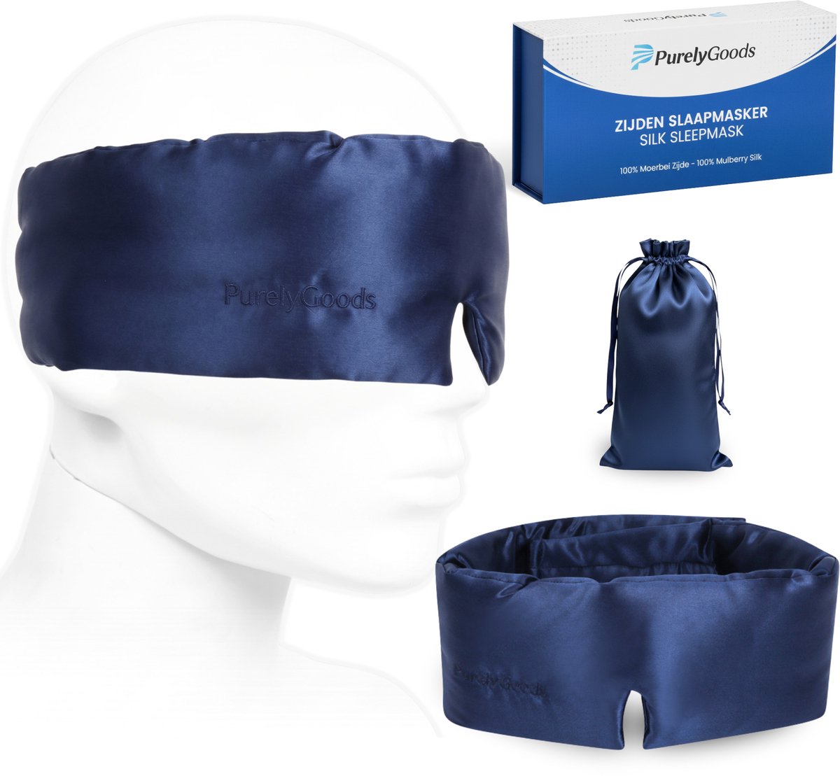 Bol.com PurelyGoods® Zijden Slaapmasker - Oogmasker Slaap – Verduisterend - 22 Momme 6A Moerbei Zijde - Donkerblauw aanbieding