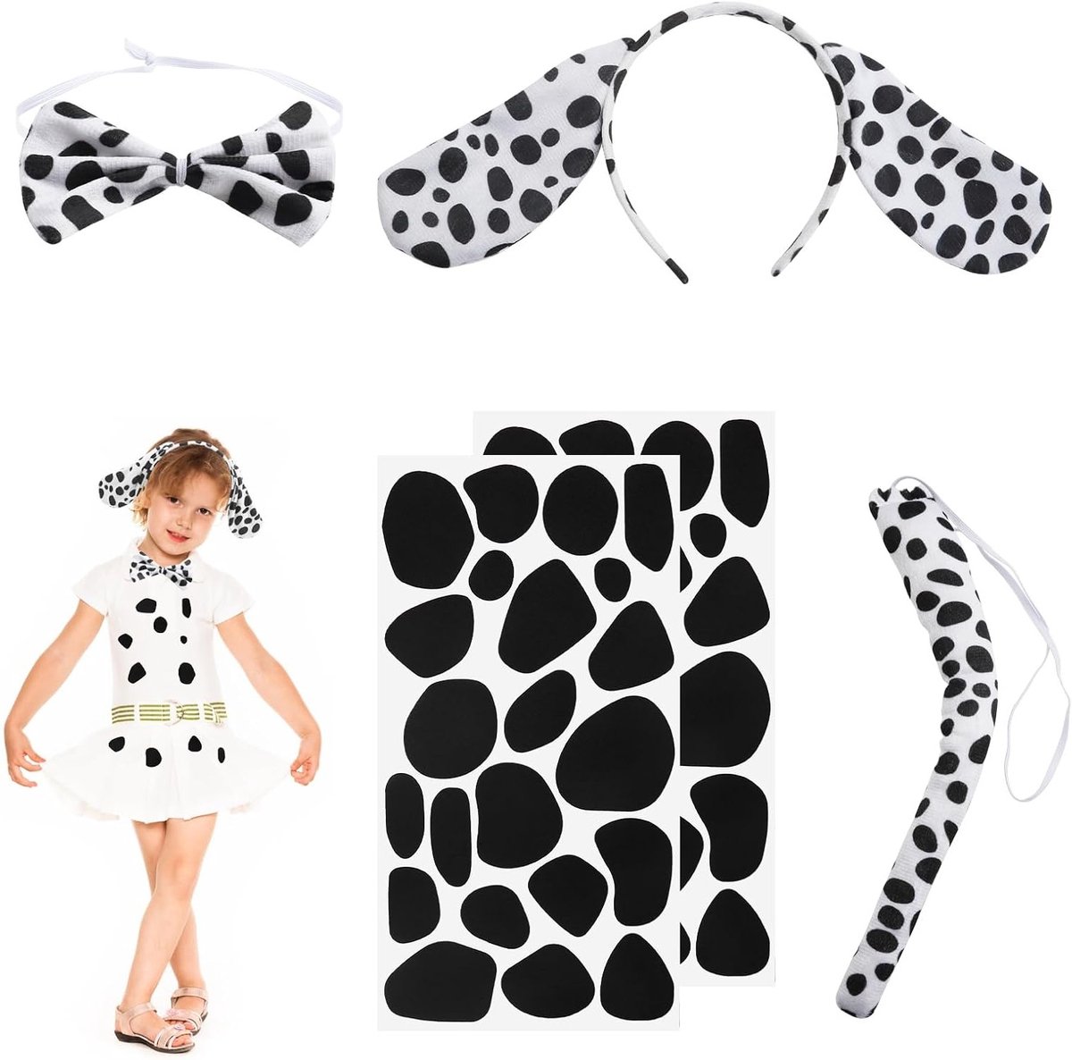 Kinderen Dalmatiër Kostuum Set met Oren, Staart en Strik voor Carnaval en Feestjes, Perfect voor Dieren Thema Party en Cosplay