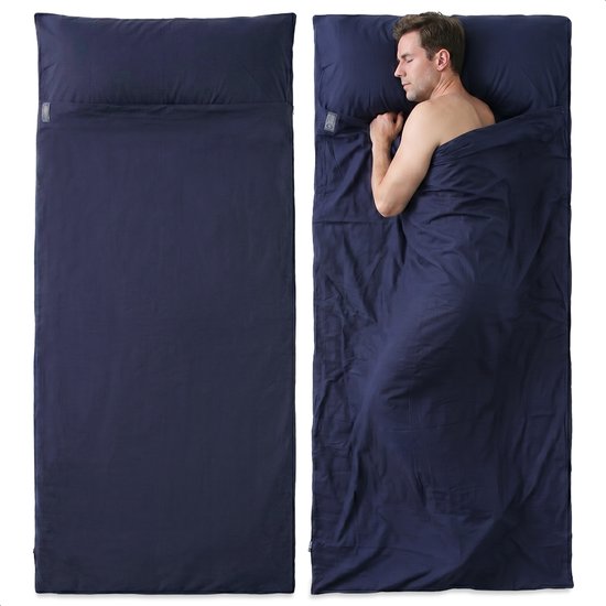 Un sac de couchage bleu marine, plié et à côté d'un homme dormant dedans.