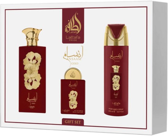 Lattafa Ansaam Gold giftset met drie flacons: 100ml EDP, 20ml, en 200ml parfum spray. Donkerrode flacons met gouden bloemenprint en dop.