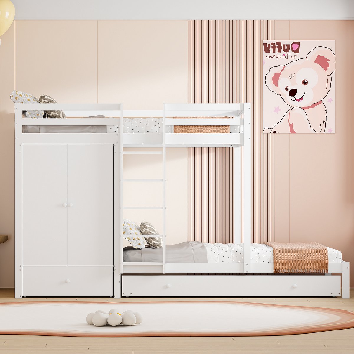 VVBV Multifunctioneel Stapelbed Massief Hout 90x200 cm met Onderschuifbed, Kledingkast, Lades en Opbergvakken, Kinderbed, Wit
