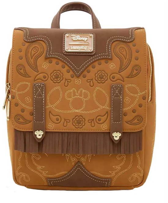 Bruine Loungefly rugzak met paisley- en bloemenpatronen, Mickey Mouse-oortjes en franjes.