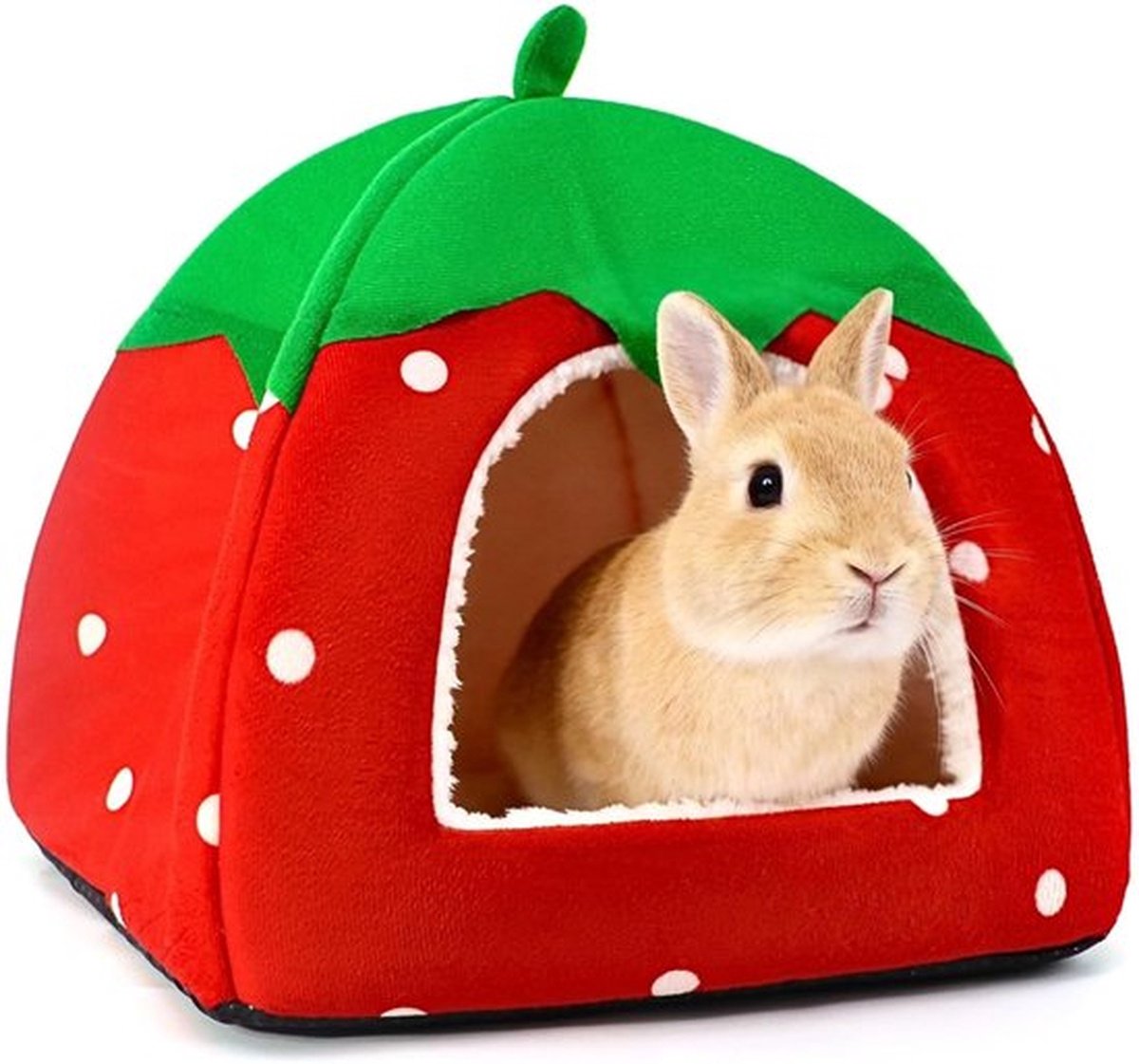 Caviabedje, Konijntje schuilplaats bed, zacht en comfortabel nest voor kleine dieren, rode aardbeienhol met zachte vulling, wasbaar hamsterhuisje, geschikt voor kleine huisdieren van ongeveer 2 kg, 31 x 31 x 33 cm
