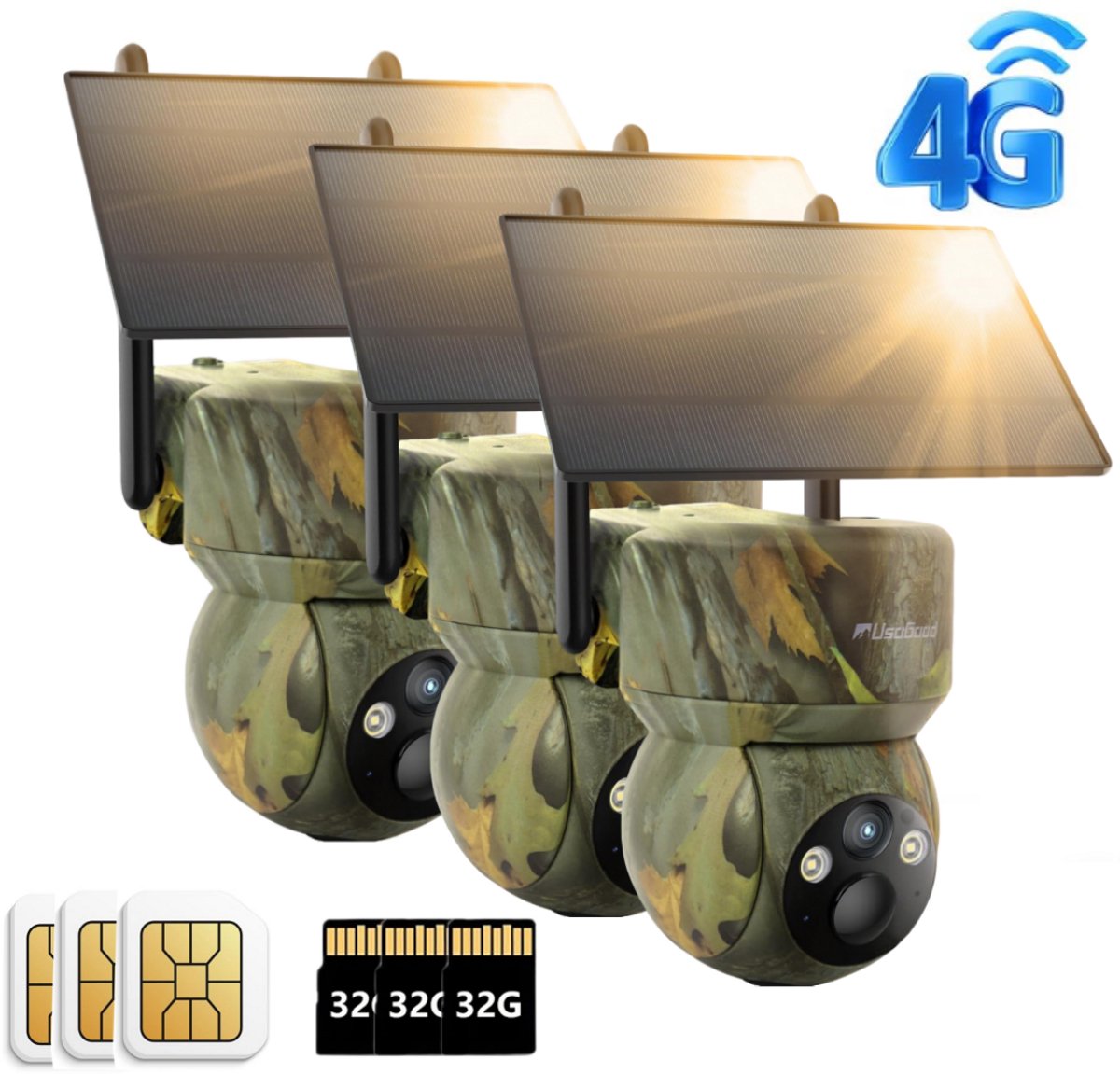 usogood 4G LTE-wildcamera op zonne-energie - 360° 2K - met simkaart en 32 GB geheugenkaart - app voor mobiele gegevensoverdracht - waterdicht - 7800 mAh-batterij - 3Stuks