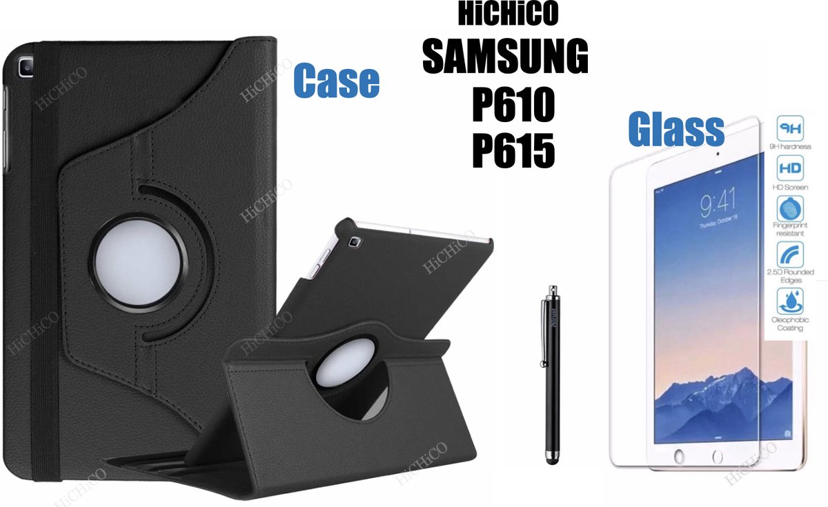 Samsung Galaxy Tab S6 Lite 10.4” (SM-P610 / SM-P615), HiCHiCO Tablet Hoes met Stylus Pen, draaistand Cover Tablet hoesje, Magnetische Stand Case Leather Flip Cover Tablet Case smart Cover Zwart + Tempered Glass screen protector