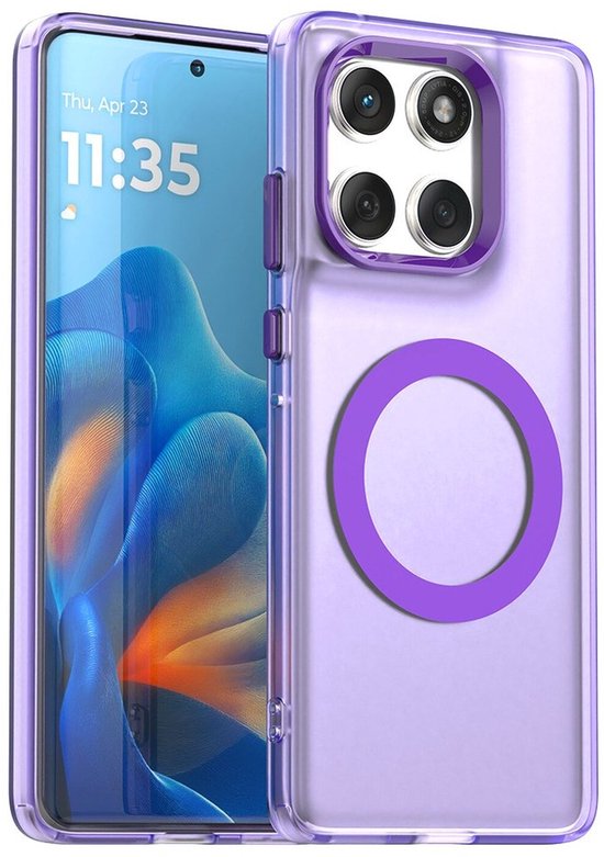 Paars semi-transparant hoesje met paarse magneetring op de achterkant en zijkant van telefoon.