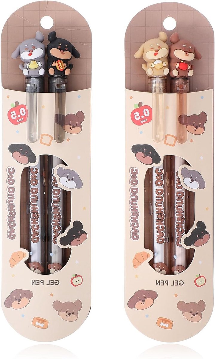 Set van 4 Vervangbare Zwarte Inkt Gelpennen 0.5mm - Schattige Teckel Cartoon Pennen voor Kantoor, Notities en Schoolbenodigdheden