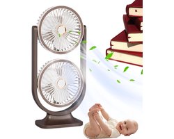 KZQ Bruine dubbele tafelventilator – draadloos, oplaadbaar, 5 snelheden, 360° verstelbaar, met nachtlampje, voor kantoor of thuis