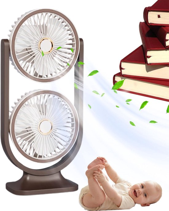 Dubbele bruine tafelventilator draadloos oplaadbaar 5 snelheden 360° verstelbaar met nachtlampje voor thuis kantoor