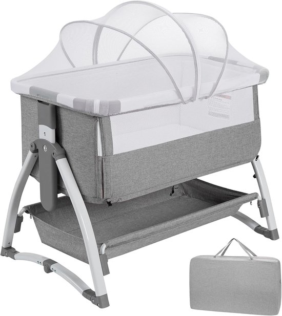 3-in-1 Babybedje Grijs | Multifunctioneel opvouwbaar co-sleeping wiegje met 7 hoogtestanden, anti-reflux, uitneembare matras, opbergmand, verschoontafel, schommelstoel en muskietennet