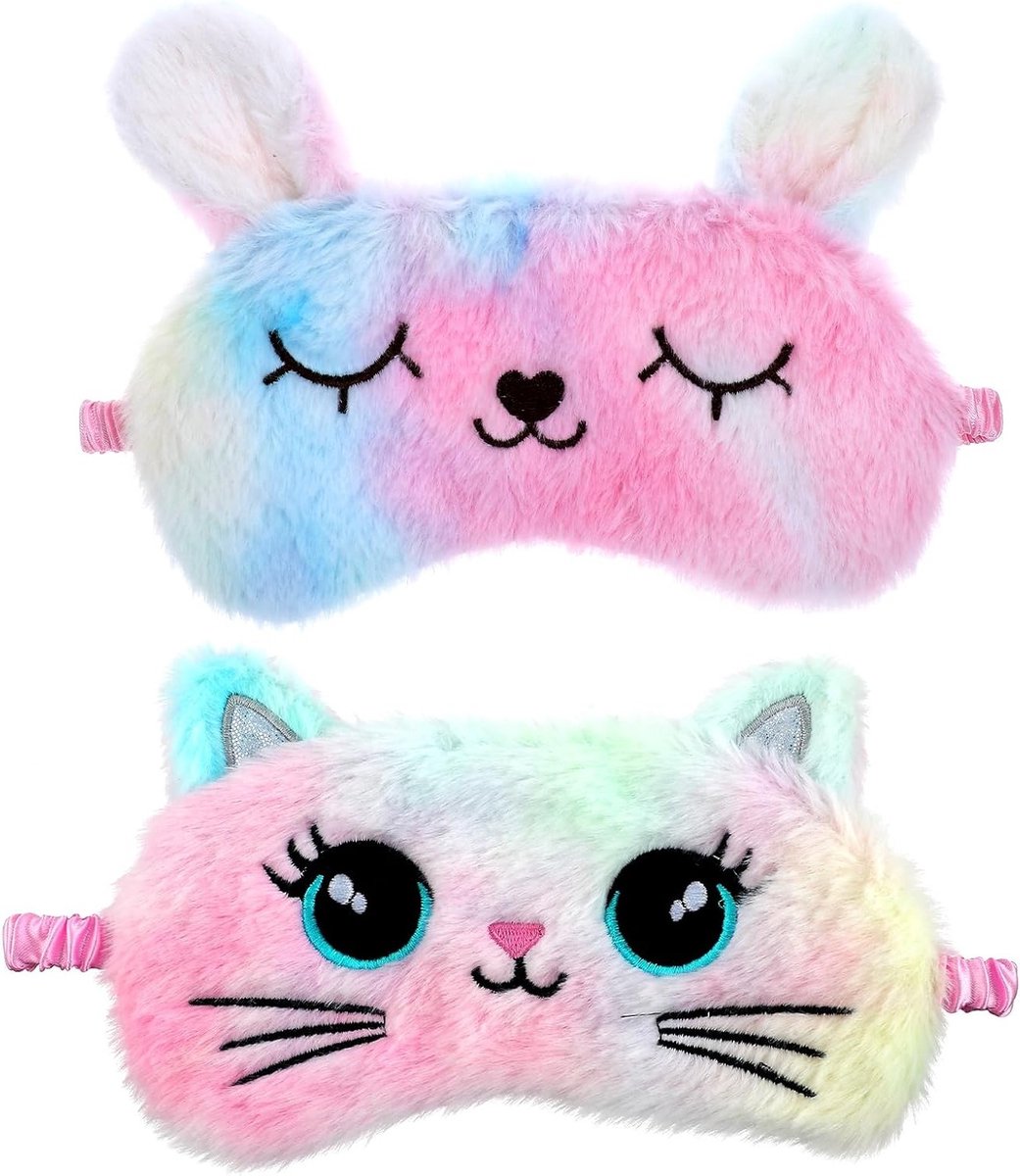 Zachte Pluche Oogmasker Set voor Slaap - Comfortabele Dieren Blindfolds, Ideaal voor Naps en Geschenken voor Volwassenen en Kinderen (Multicolor, Kat en Konijn)