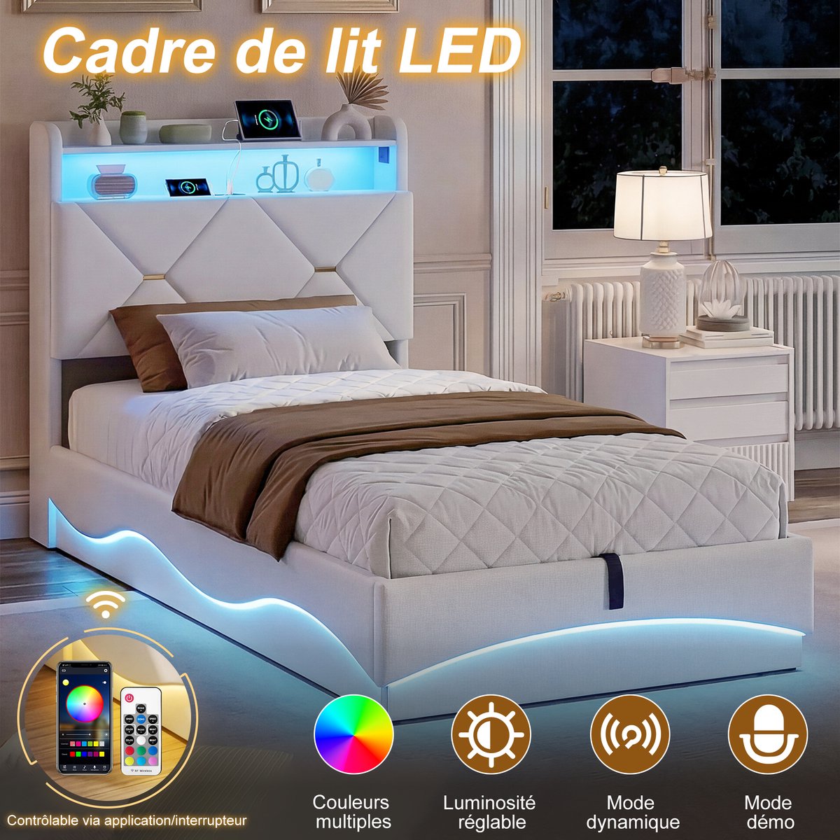 ROSAHQNDA Eenpersoonsbed 90x200cm – met LED, USB- en Type-C-aansluiting – hydraulisch verstelbaar – hoofdbord met open en verborgen opbergruimte – beige - exclusief matras