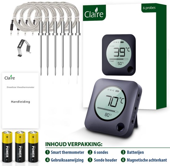 Claire smart vleesthermometer met 6 probes, gebruiksaanwijzing en batterijen.