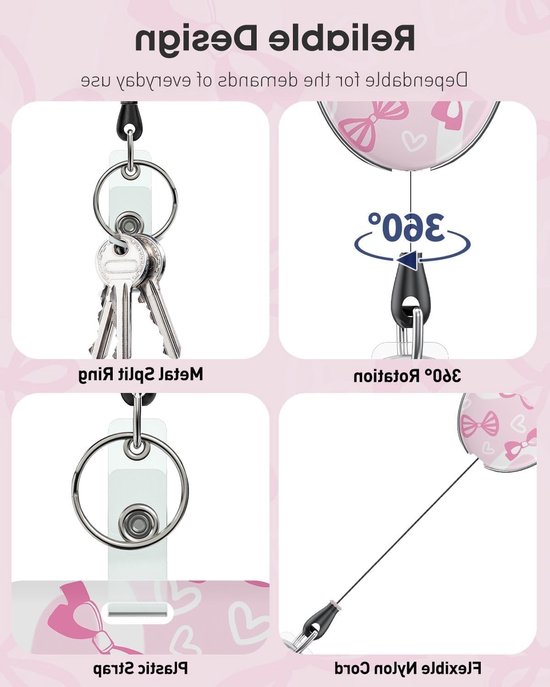 Roze Strik Retractable Badge Reel voor Badgehouder - Stevige Sleutelhanger met Clip en Verlengsnoer van Merkloos — afbeelding 4