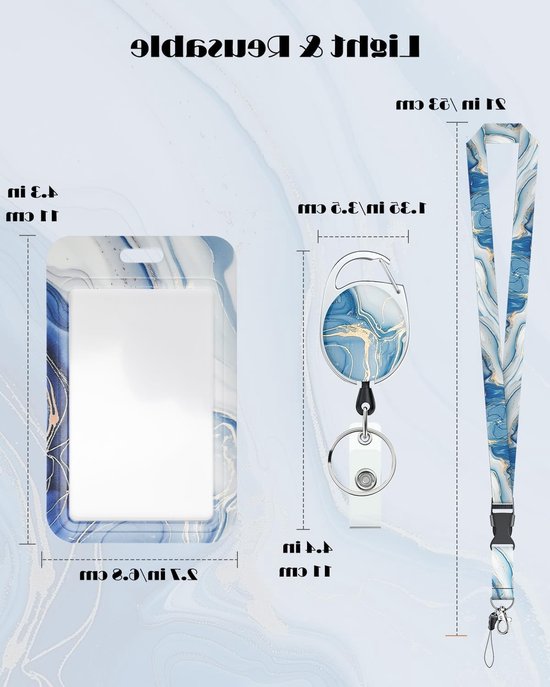 Moderne Badgehouder met Retractable Reel en Afneembare Lanyard - Blauw Marmer Design voor Verticale Kaarten van Merkloos — afbeelding 5