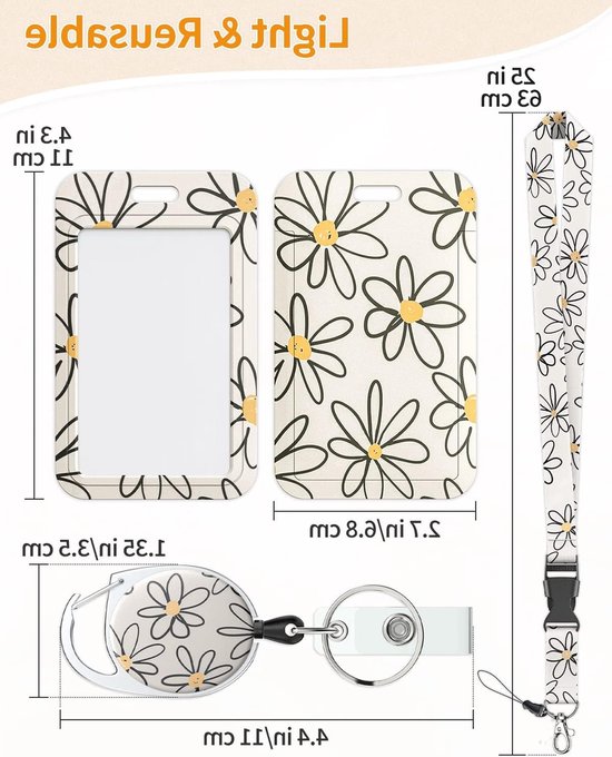 Sliding Badge Holder met Bloemenpatroon - Plastic Houder met Retractable Reel, Carabiner Clip en Verwijderbare Koord voor Ziekenhuispersoneel en Onderwijzers (2 Stuks) van Merkloos — afbeelding 2