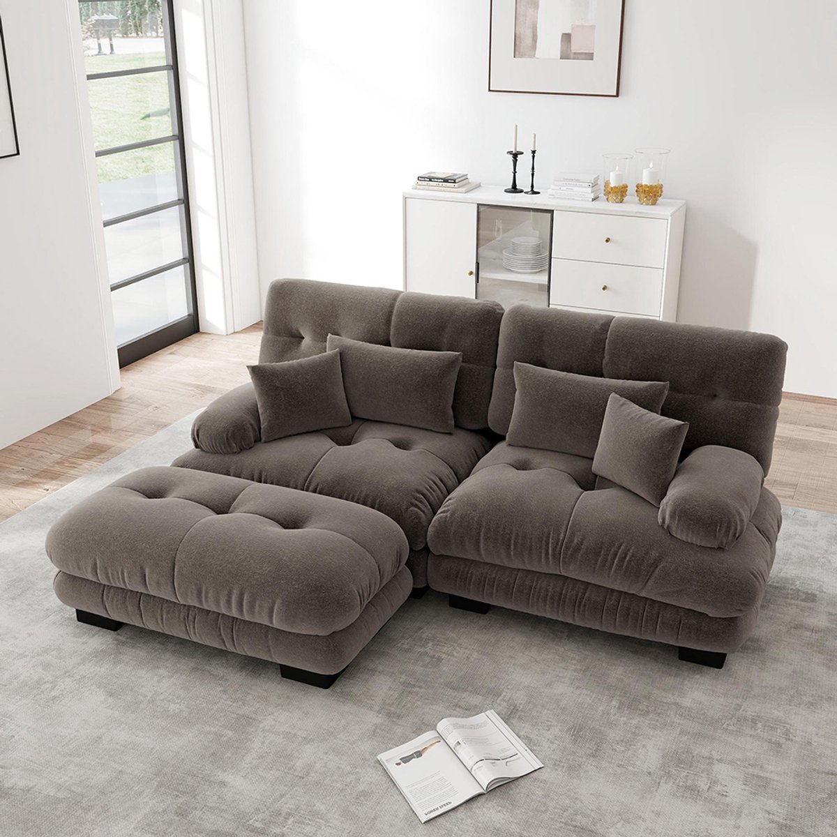 Komhtom Cloud-hoekbank voor de woonkamer, tweezitsbank van chenille met 2 rugkussens en 2 sierkussens, gestoffeerde bank met brede armleuningen en chaise longue, bruine chenille