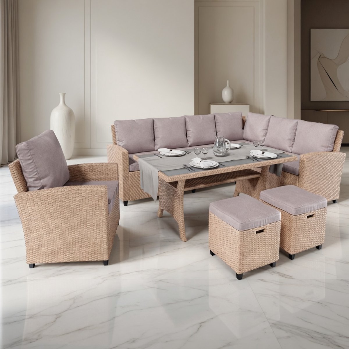 Luxe Polyrotan Loungeset 9-persoons Rossano Beige – Modulaire Hoekbank Tuinset met Tafel, Krukken & Kussens – Weerbestendige Outdoor Tuinmeubelset – medahomestore