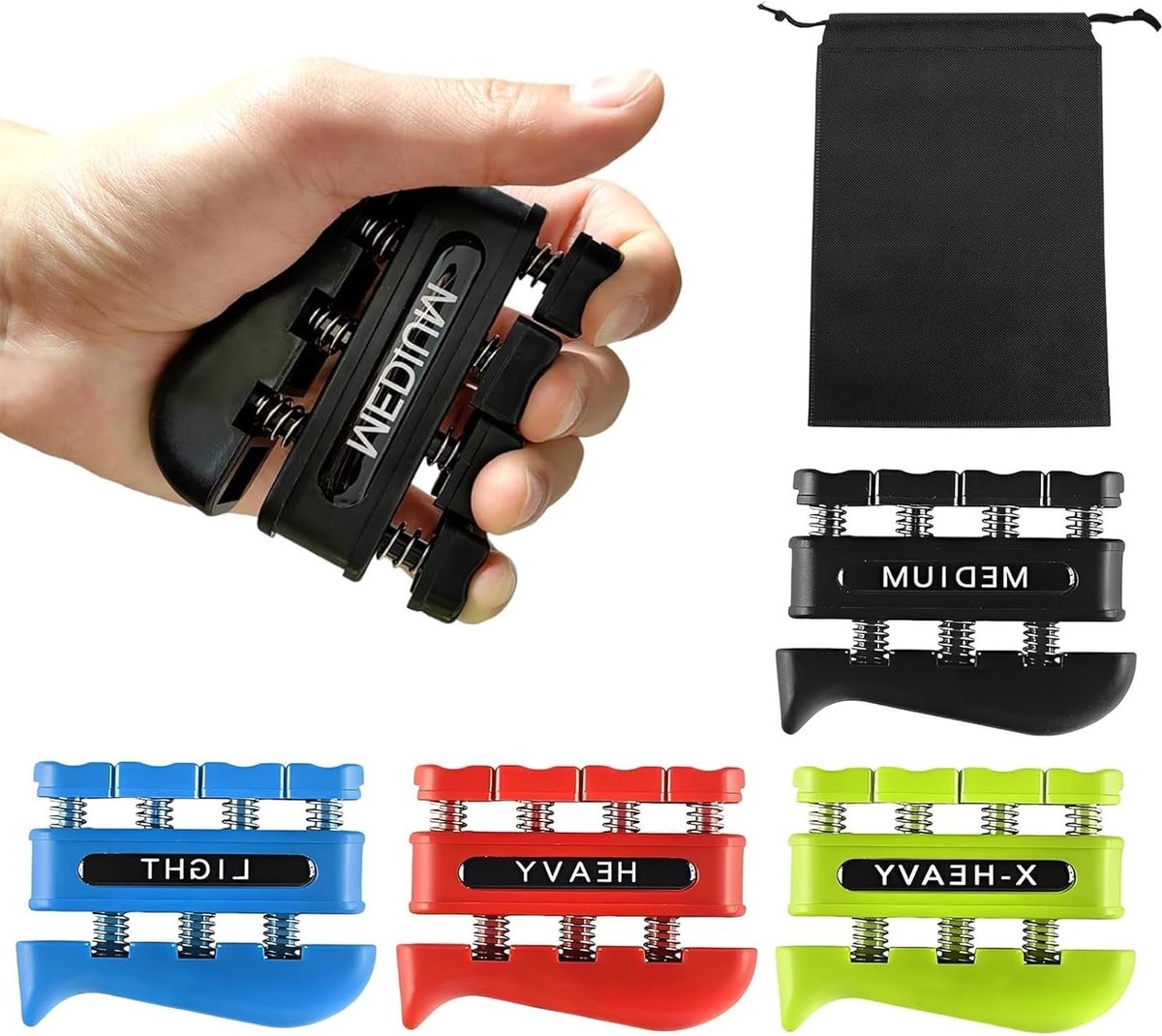 4-delige Vinger Trainer Set met Opbergtas, Handtrainer met 4 Weerstandslevels voor Vingersterkte, Gripkracht Oefeningen voor Muzikanten en Sporters