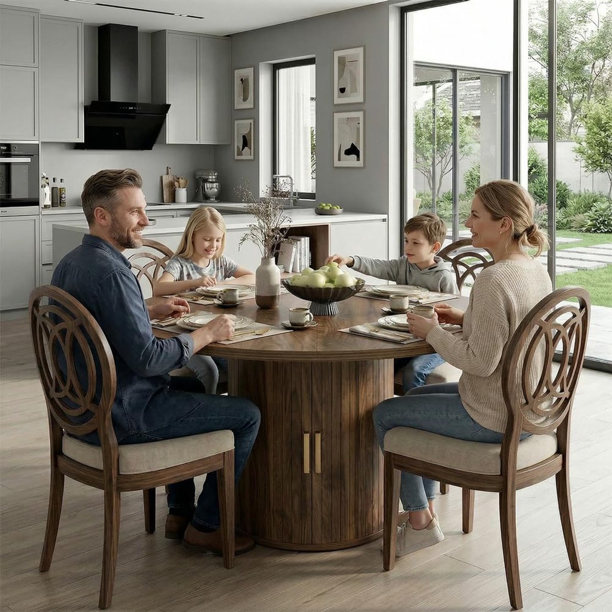 Ronde uitschuifbare eettafel met opbergkast 110x110x75 cm – walnoot houten dining tafel voor 4-6 personen, ruimtebesparend, mid-century stijl, voetstuk basis – Vermissen