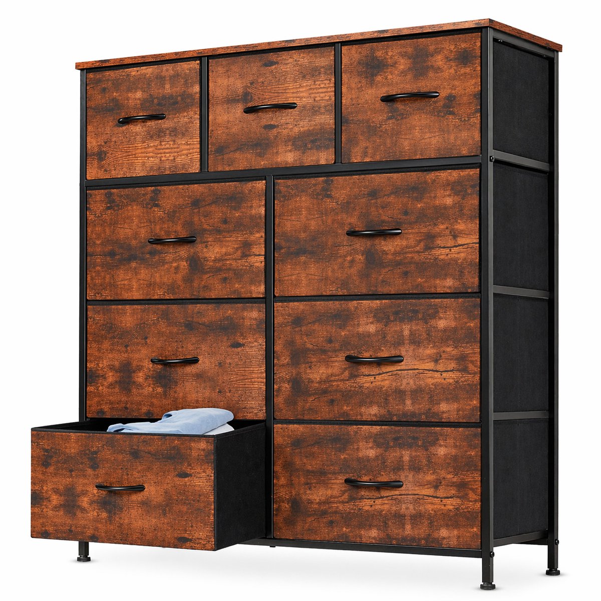 Ladekast – Industriële Ladekast met 9 Lades – Dressoir Opbergkast met Houtlook en Stalen F