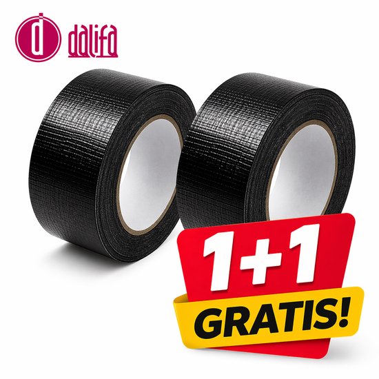 Twee rollen zwarte ducttape met "1+1 GRATIS!" erop.
