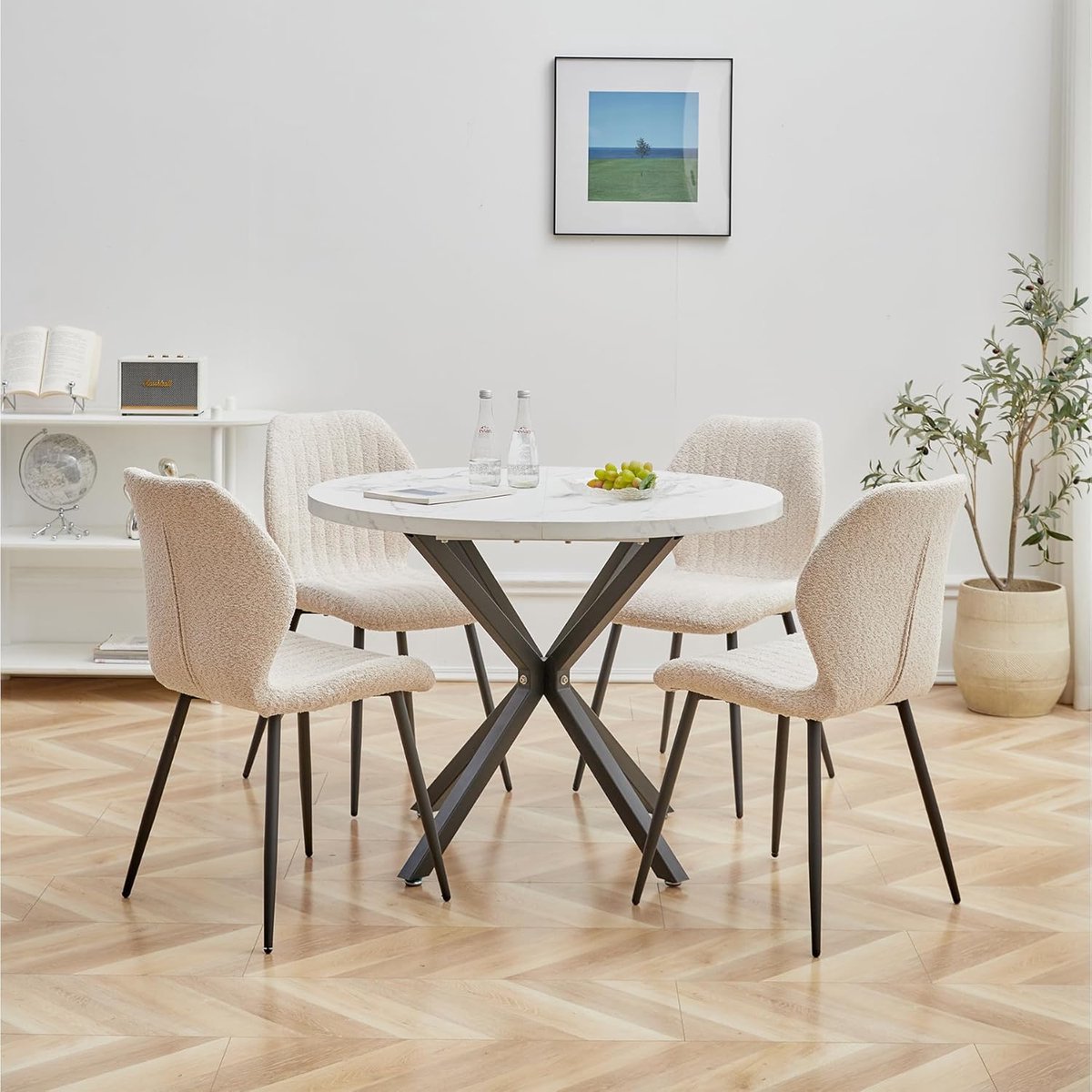 Eetkamerset Tafel en Stoelen 100x100x76,5 cm – Ronde Eettafel met 4 Gestoffeerde Linnen Eetkamerstoelen – Keukentafel Dining Set voor 4 Personen – Donkere Houtkleur met beige – Vermissen
