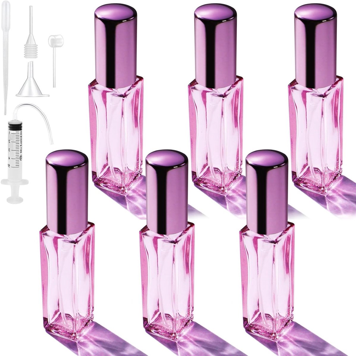 Set van 6 Herbruikbare Parfumverstuivers, 5ml Heldere Glazen Reistube met Toebehoren, Ideaal voor Handtas en Reizen