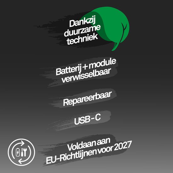 Tekst: Dankzij duurzame techniek, Batterij + module verwisselbaar, Repareerbaar, USB-C, Voldaan aan EU-Richtlijnen voor 2027. Groen blad logo.