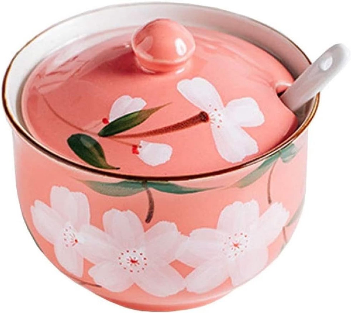 JeiibrZui Keramische Kruidenpot - 300 Ml - 1 Stuks Met Deksel En Lepel - Roze Bloemenpatroon Voor Keuken En Eettafel