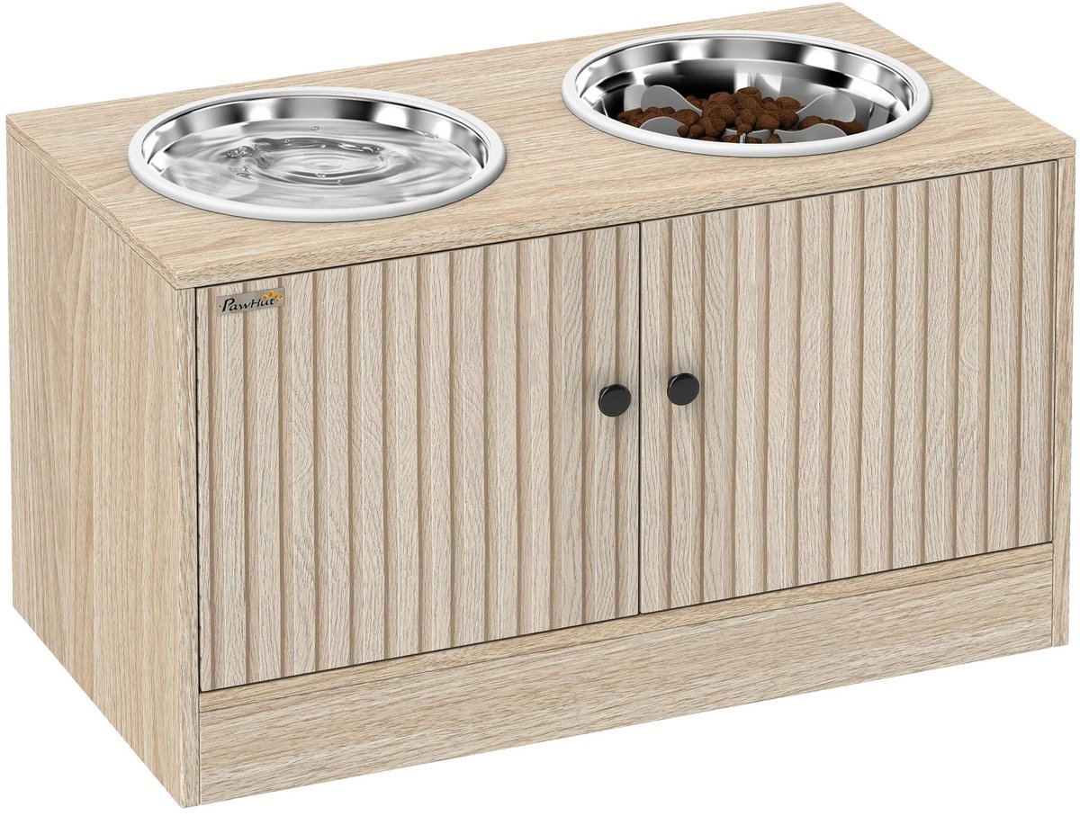 Roossentials verhoogde hondenbak - Hondenbak - Voerbak - 2 schalen - Met slow feeder - Verborgen opbergruimte - Eikehout