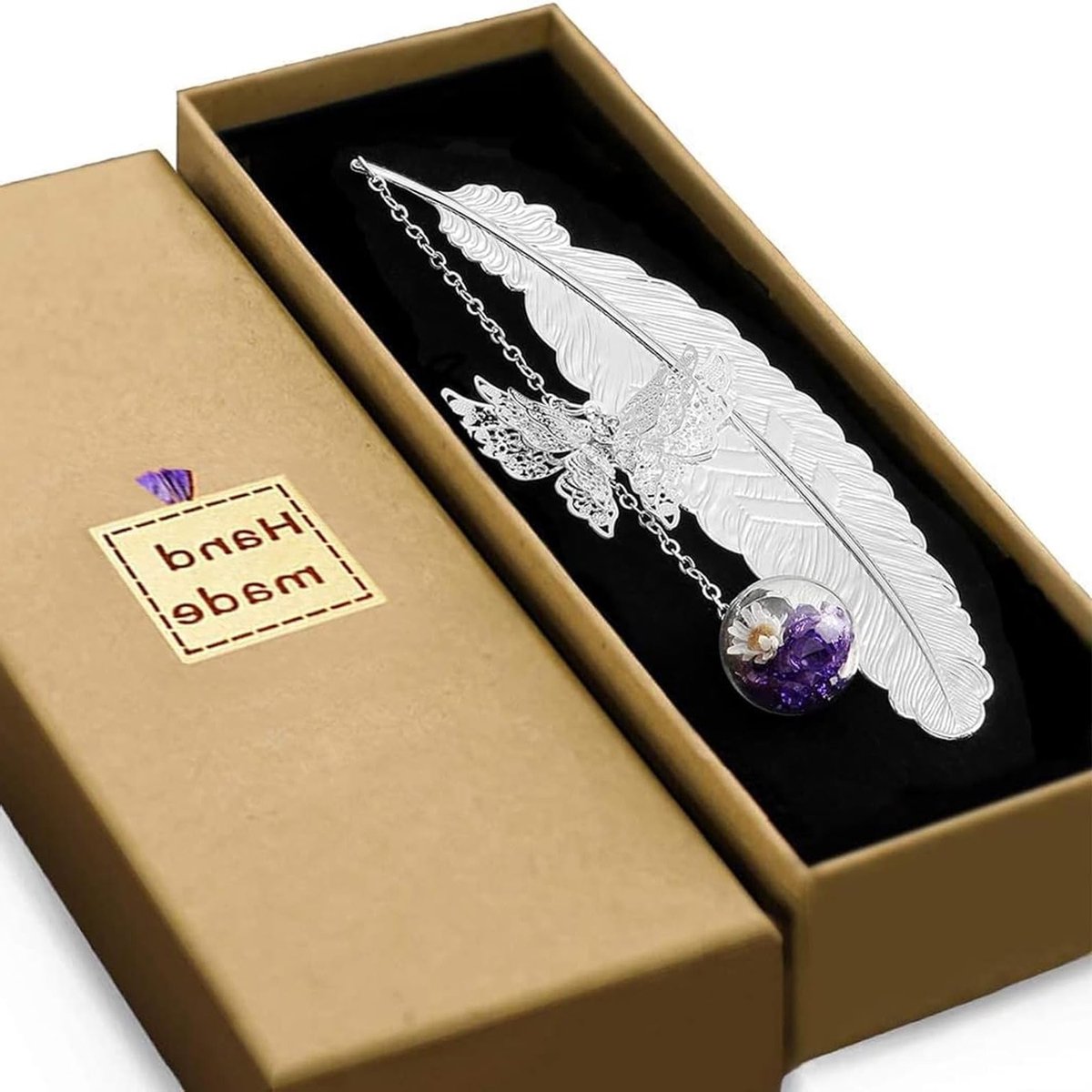 Unieke metalen boekenlegger met geschenkdoos, zilveren veer, 3D vlinder en glazen kralen voor vrouwen, leraren en boekenliefhebbers - Perfecte pagina marker en cadeau voor boekenliefhebbers